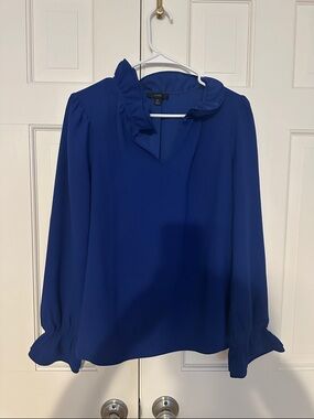 J. Crew Women's Cobalt Blue Ruffle-Neck Long-Sleeve Blouse